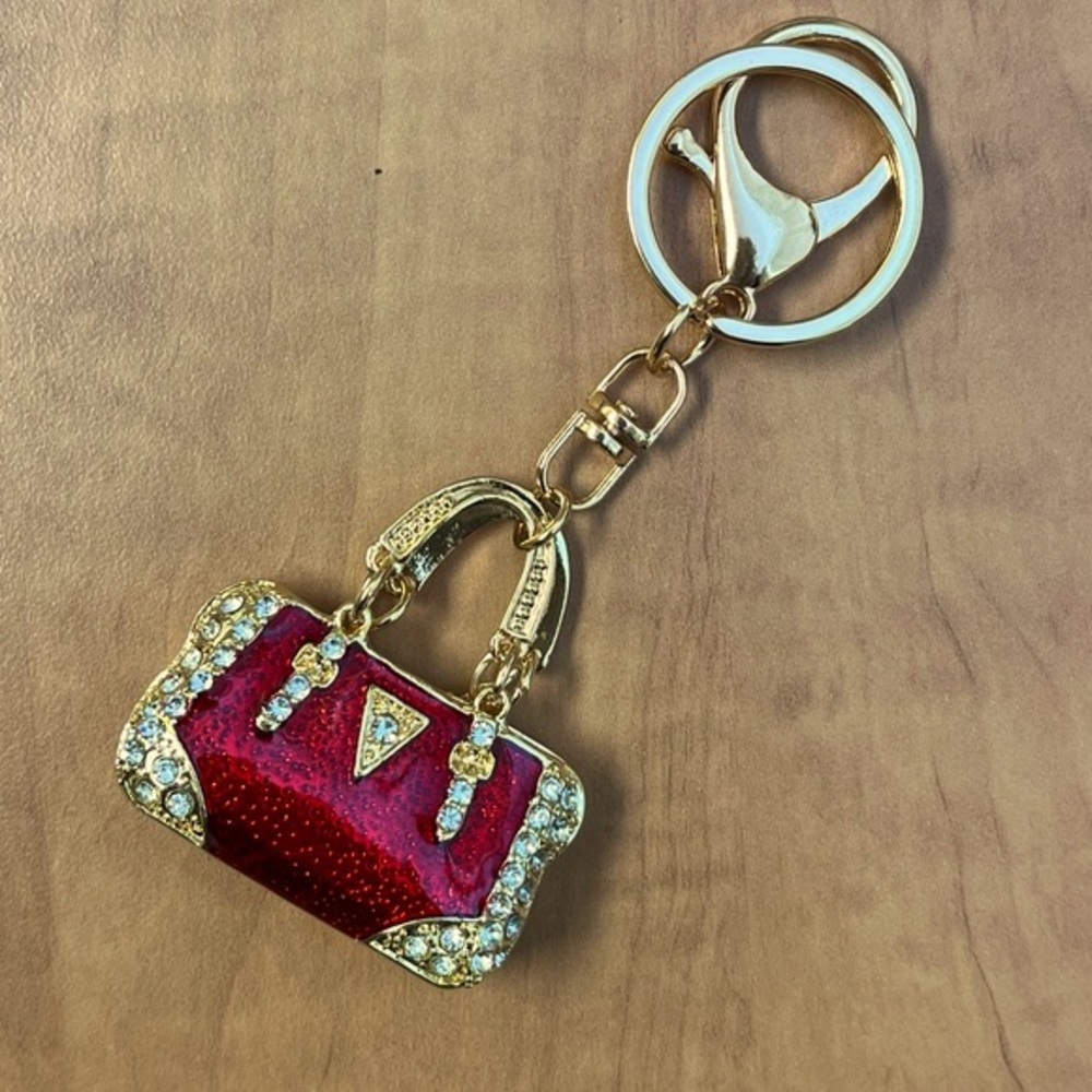 Keychain Ruby Red and crystal purse. NIP. 1.75 x 1.75 x.5” width. Length 4.25” - Picture 5 of 7